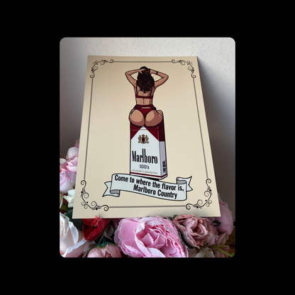 Marlboro Cigarettes Come To Where The Flavor Is Pin Up Girl Sitting On Box Metal Bar Sign 15cm x 20cm