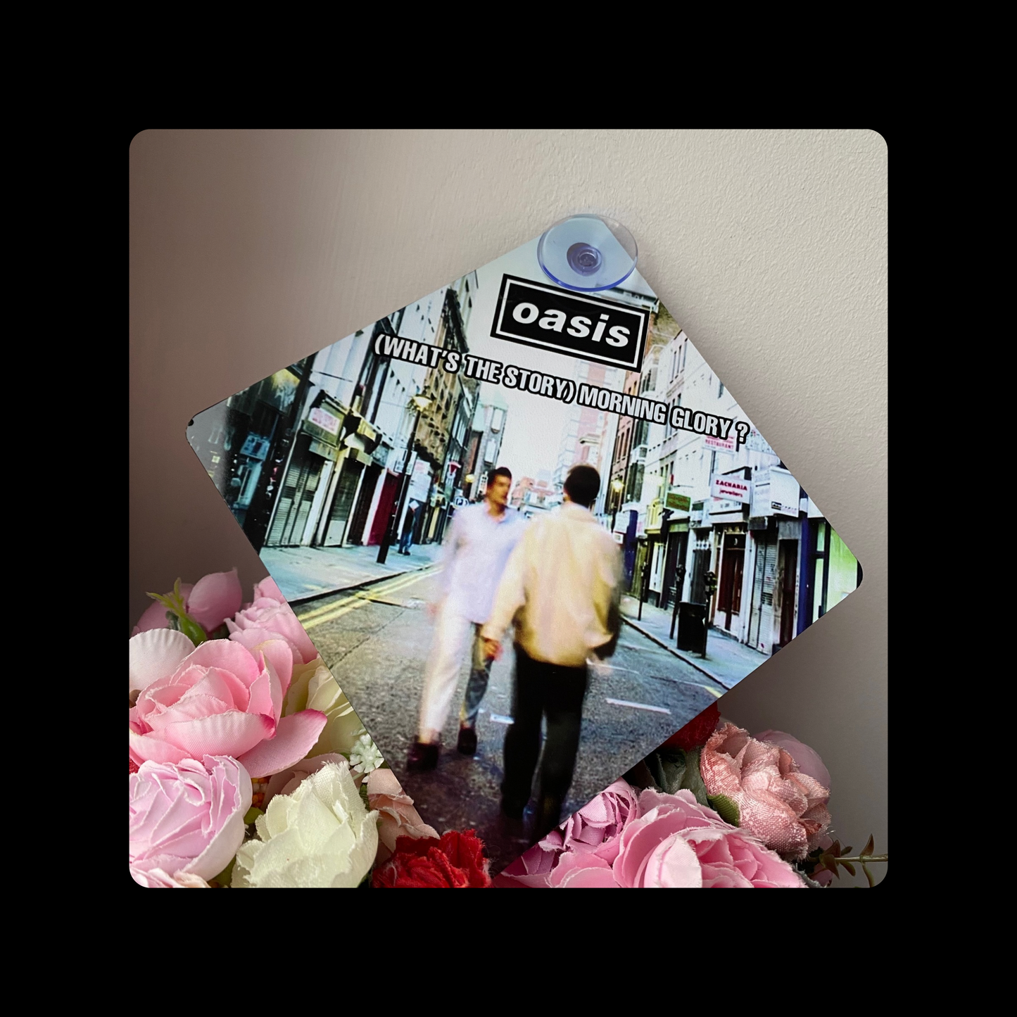 Oasis (What’s The Story?) Morning Glory Metal Window Sign 14cm x 14cm (Includes Suction Hook)