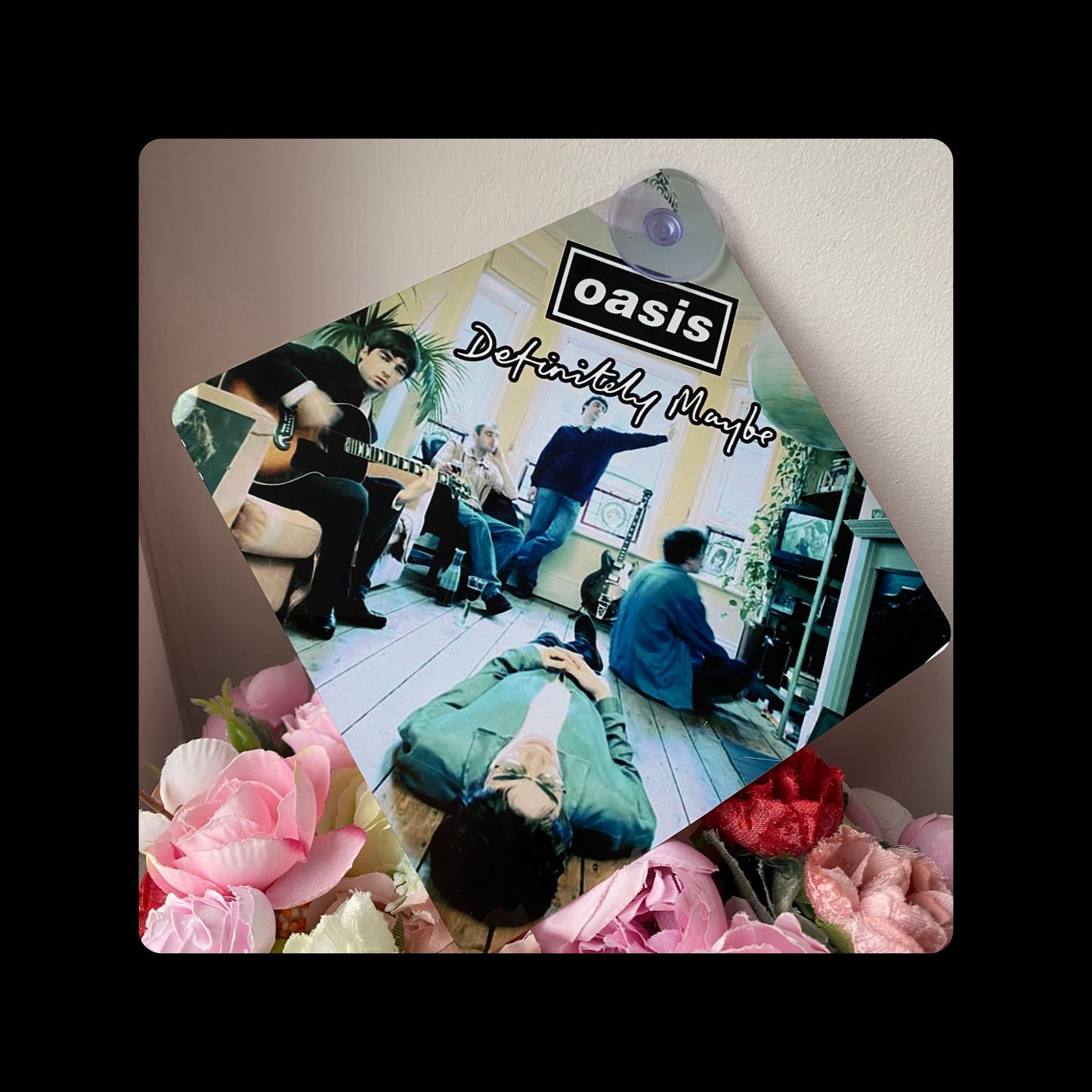 Oasis Definitely Maybe Metal Window Sign 14cm x 14cm (Includes Suction Hook)