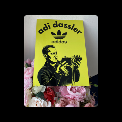 Adidas Adi Dassler Yellow & Black Metal Bar Sign 15cm x 20cm