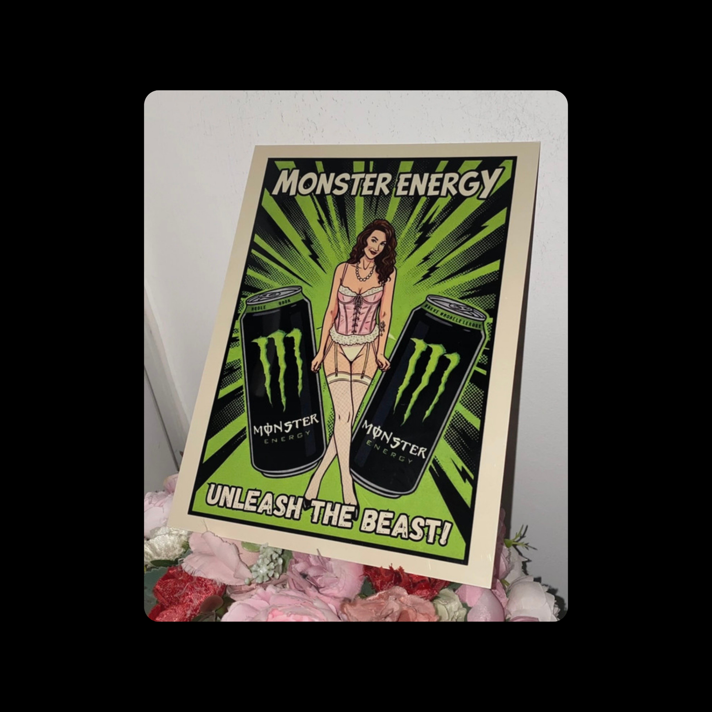Monster Energy Drink Unleash The Beast! Pin Up Girl Metal Bar Sign 15cm x 20cm