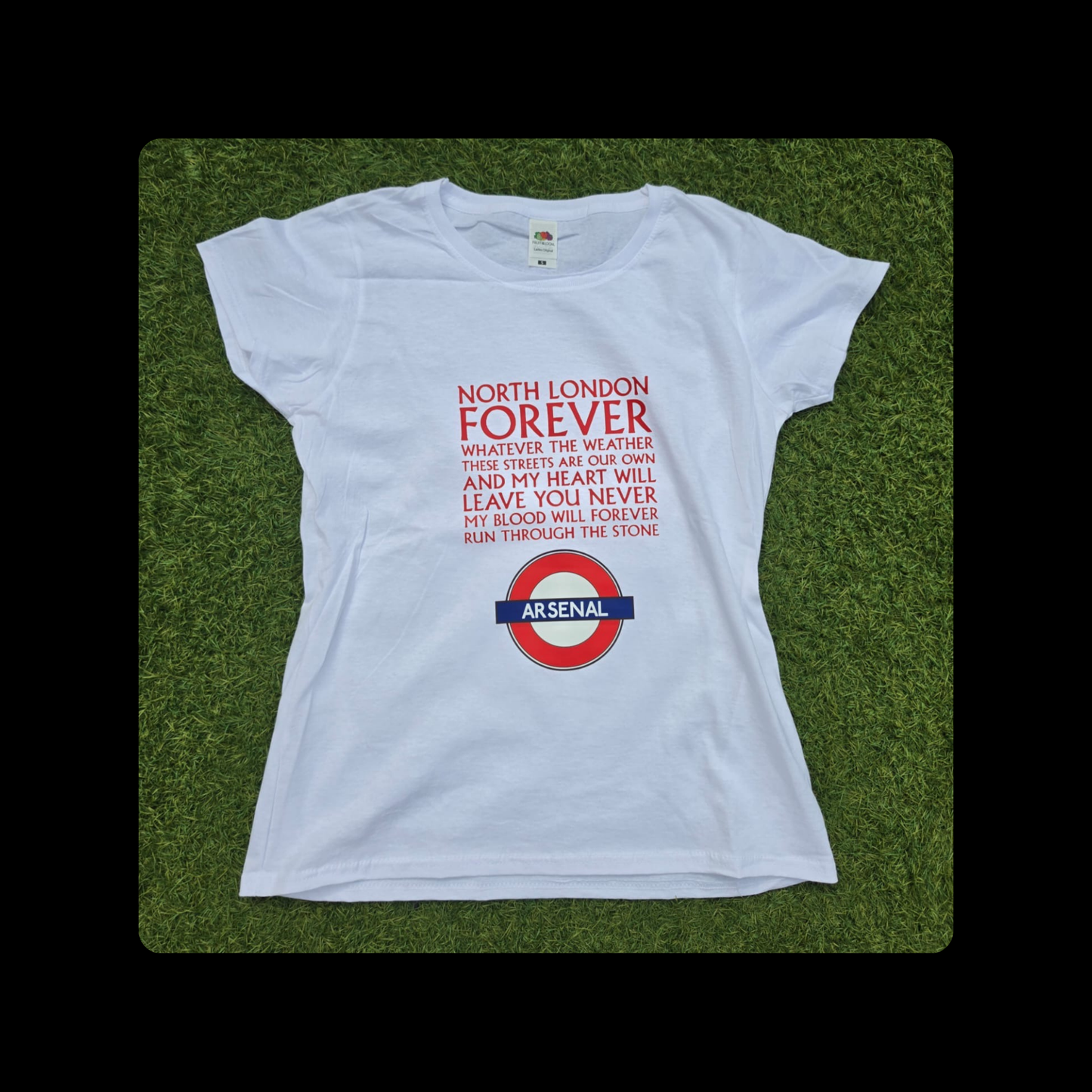 Arsenal North London Forever Red Lyrics Tube Sign Short Sleeved 100% Cotton White T-Shirt