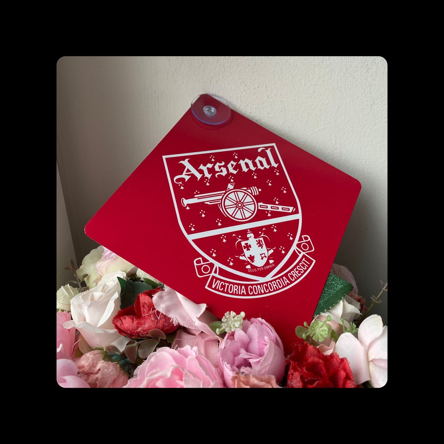 Arsenal 1949-90 Badge Red & White Window Sign 14cm x 14cm (Includes Suction Hook)