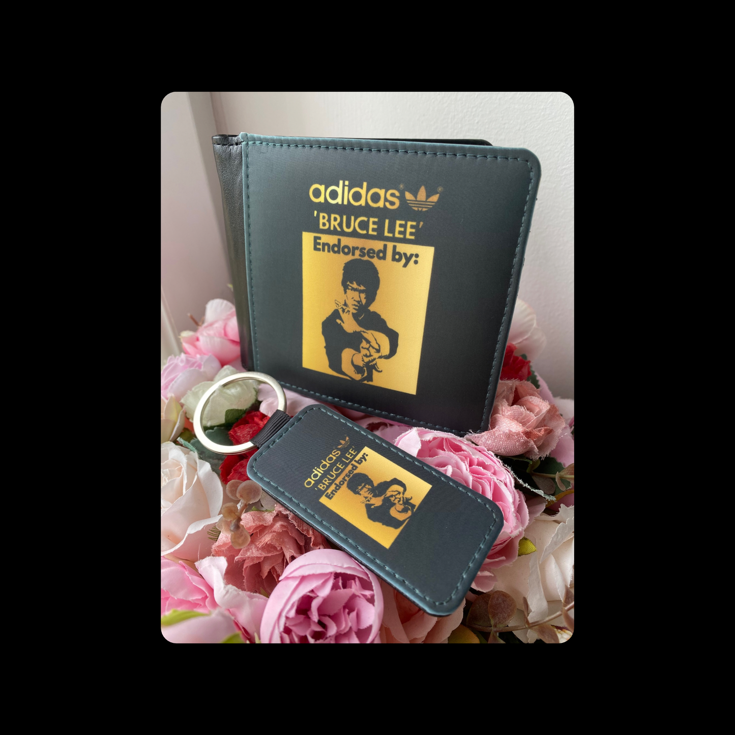 Adidas Endorsed By Bruce Lee Black & Gold PU Material Wallet & Keyring