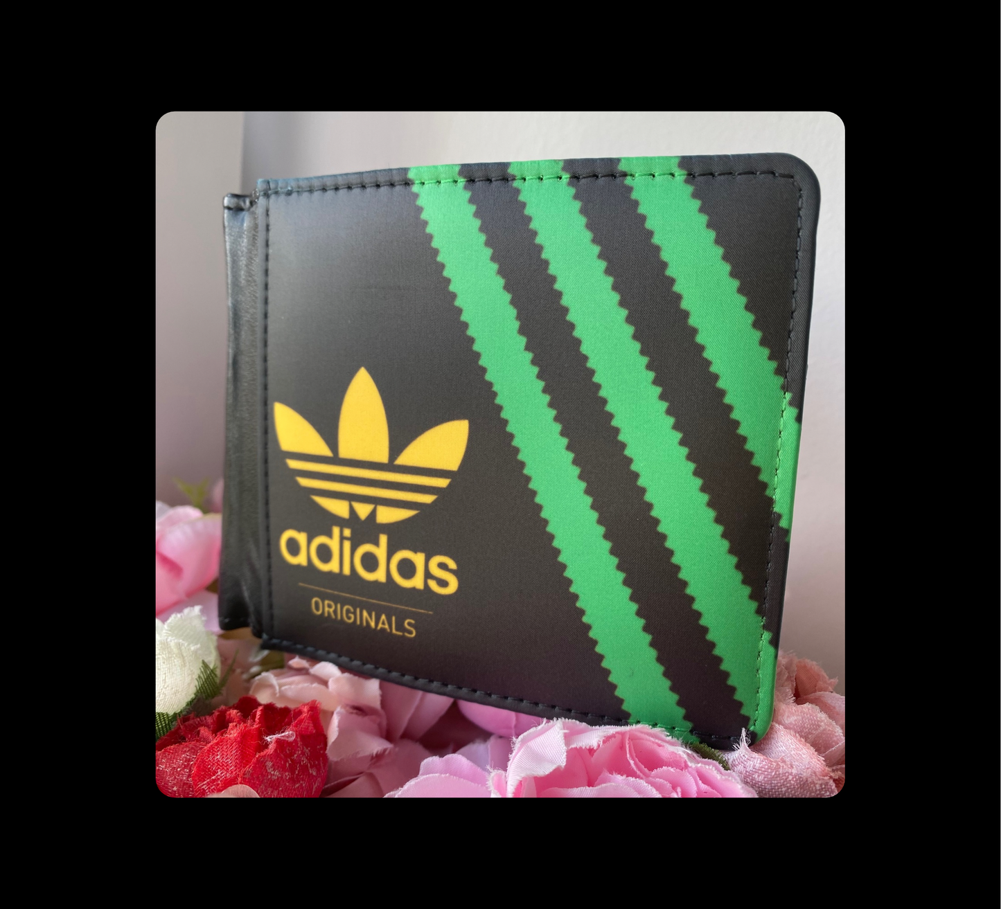 Adidas Originals Black, Green & Yellow Shoebox Style Jamaican Flag Colours PU Material Wallet & Keyring