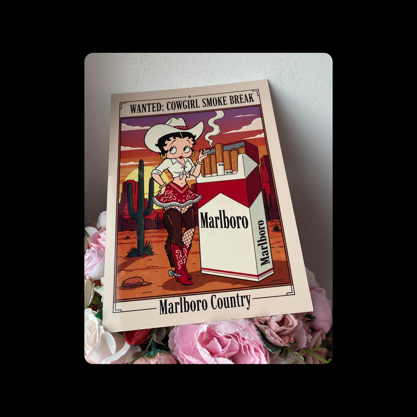 Betty Boop Marlboro Cigarettes Cowgirl Smoke Break Metal Bar Sign 15cm x 20cm