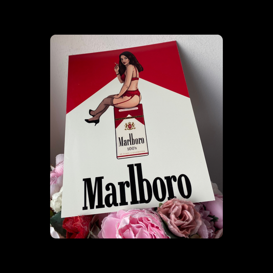 Marlboro Cigarettes Pin Up Girl Sitting On Box Metal Bar Sign 15cm x 20cm