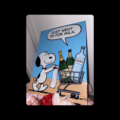 Snoopy Shopping Trolley Champagne & Vodka Metal Bar Sign 15cm x 20cm