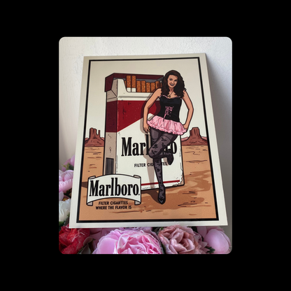 Marlboro Cigarettes Filter Cigarettes Where The Flavor Is Pin Up Girl Standing By Box Metal Bar Sign 15cm x 20cm