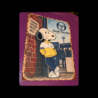 Snoopy Sergio Tacchini Yellow Metal Bar Sign 15cm x 20cm