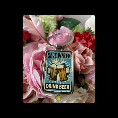 Save Water Drink Beer Rectangular Metal Keyring