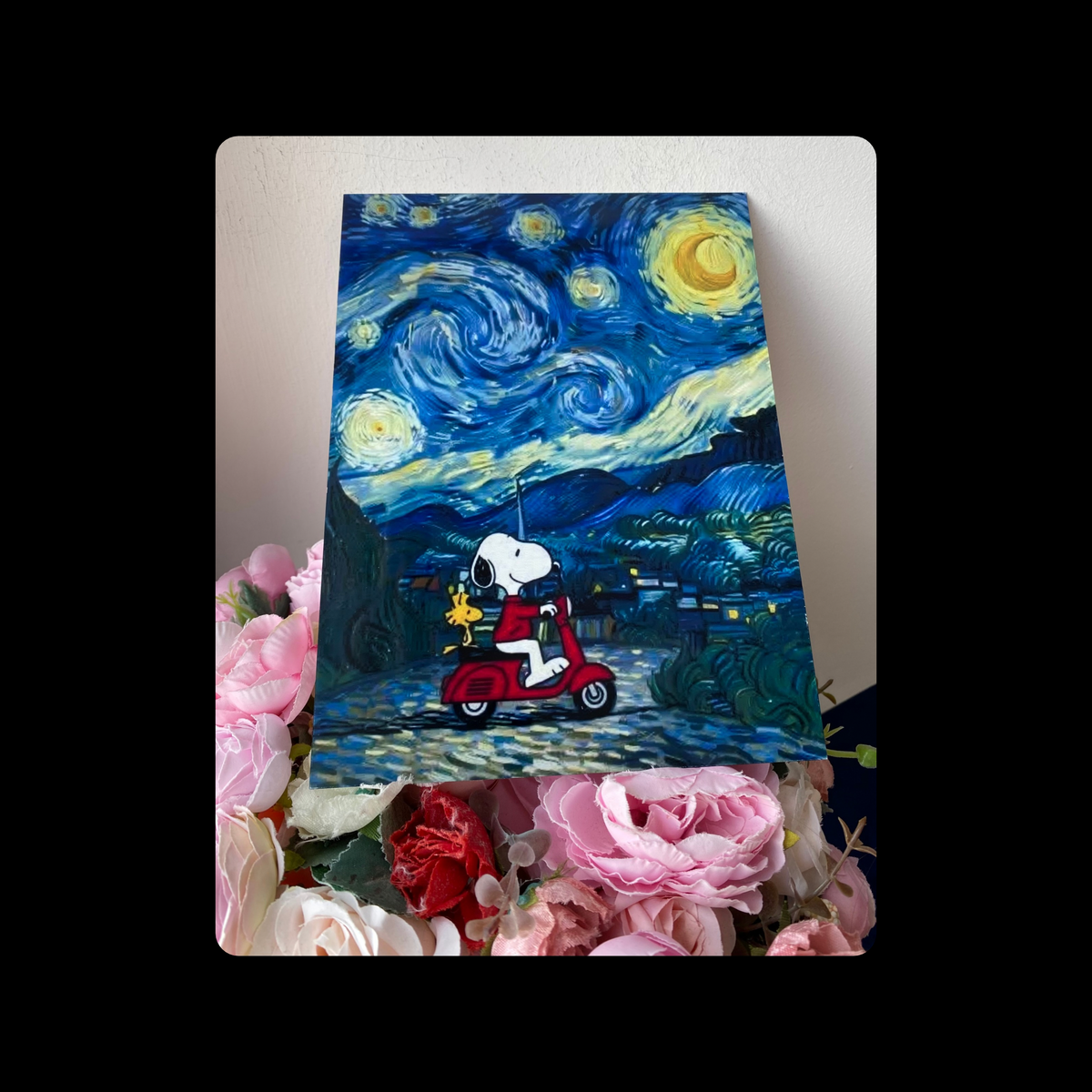 Snoopy Van Gogh Starry Night Moped Metal Bar Sign 15cm x 20cm