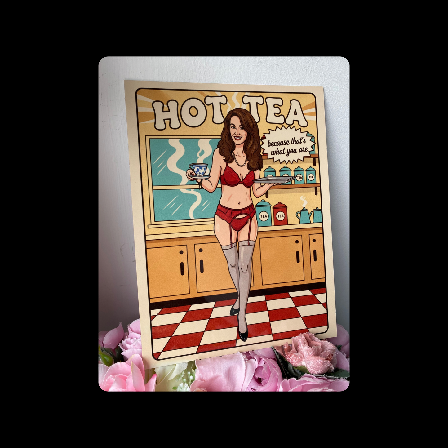 Hot Tea Pin Up Girl Metal Bar Sign 15cm x 20cm