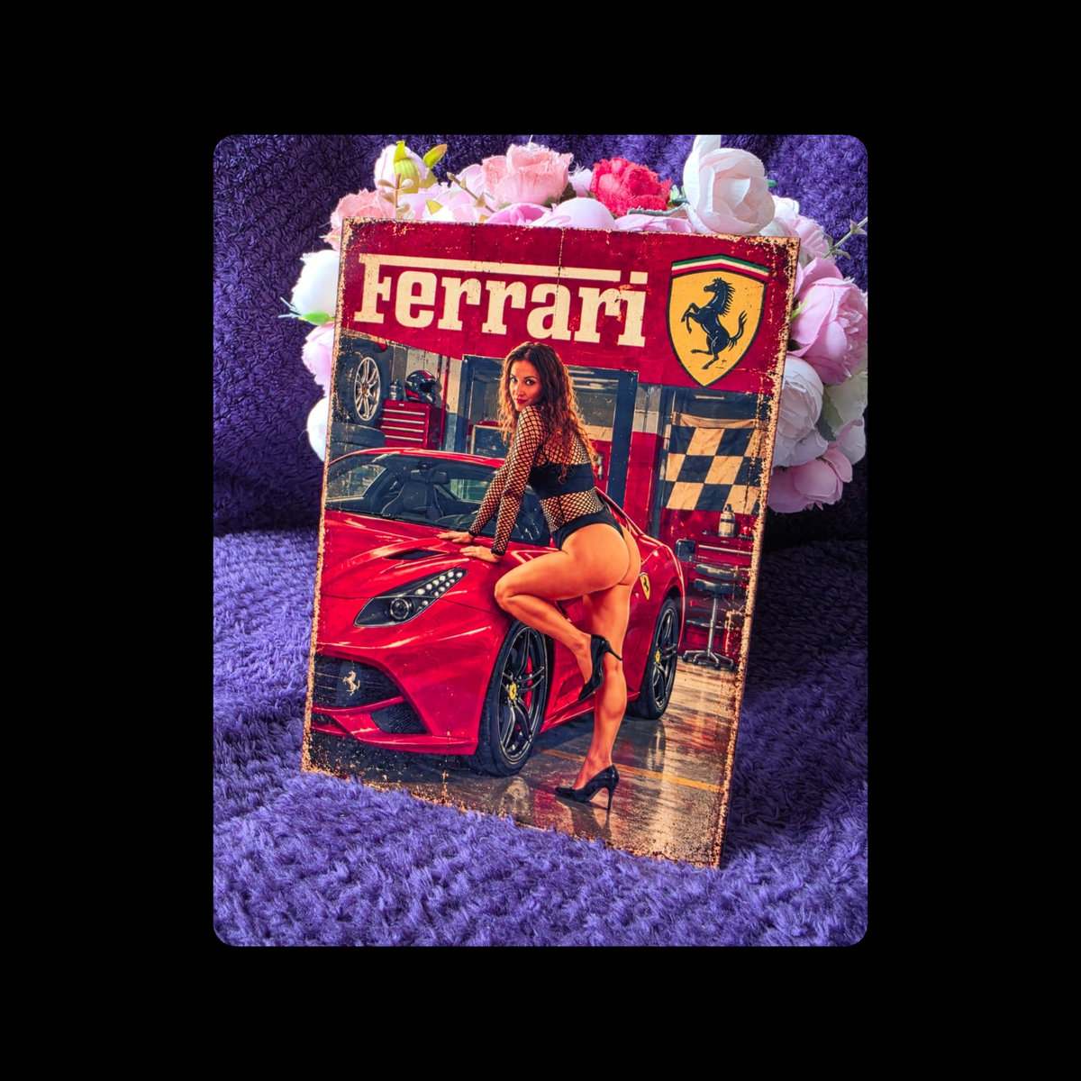 Ferrari Pin Up Girl Metal Bar Sign 15cm x 20cm