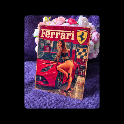 Ferrari Pin Up Girl Metal Bar Sign 15cm x 20cm