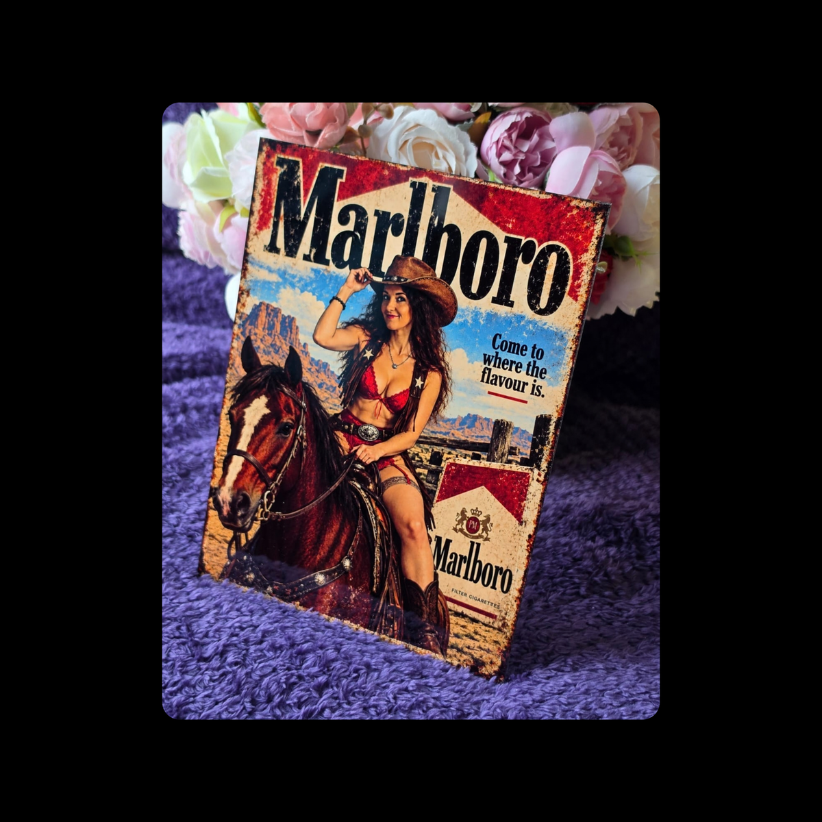 Marlboro Cigarettes Pin Up Girl On Horse Metal Bar Sign 15cm x 20cm