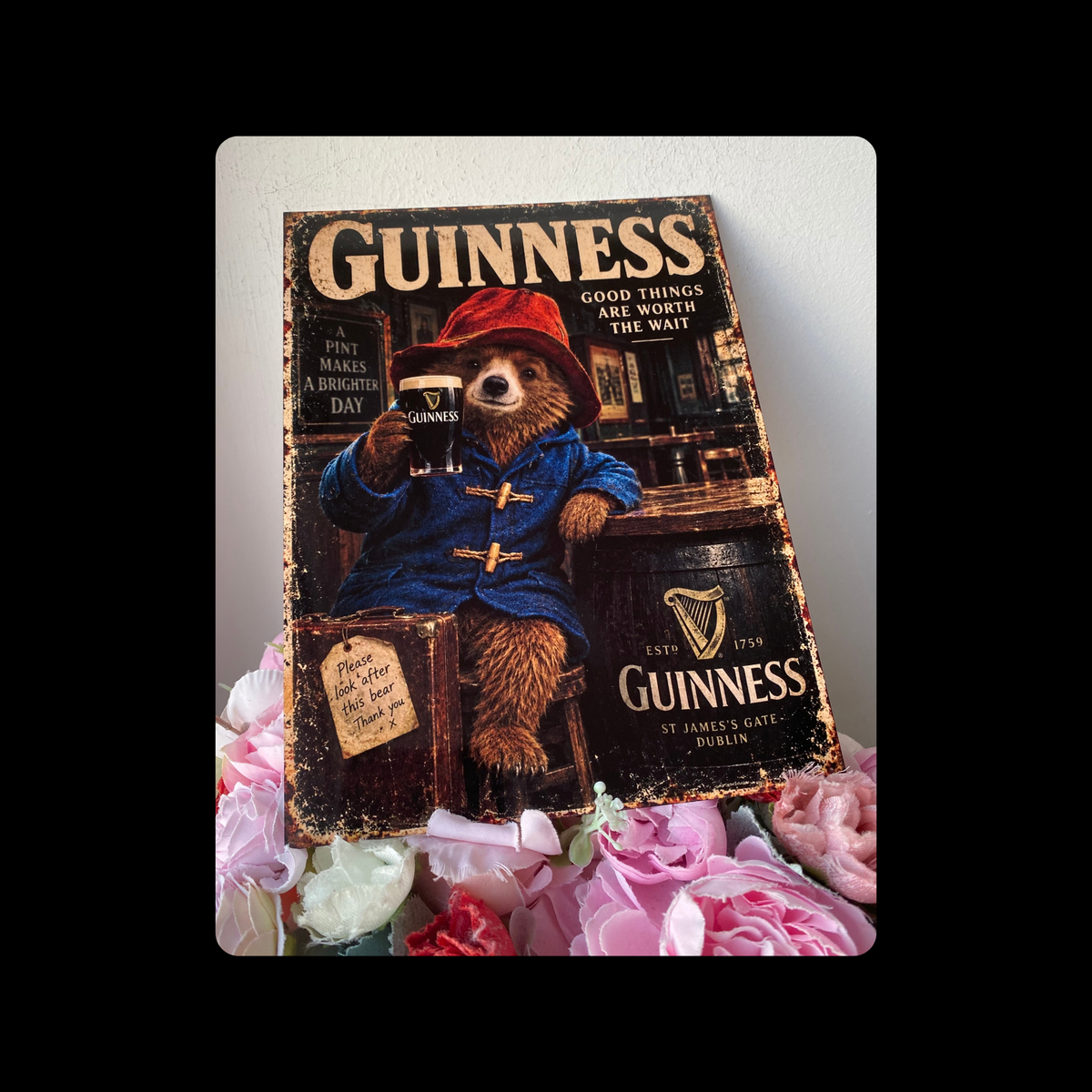 Paddington Bear Guinness Metal Bar Sign 15cm x 20cm