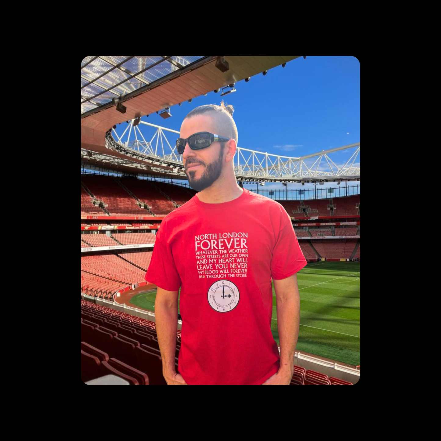 Arsenal North London Forever White Lyrics Clock End Clock Short Sleeved 100% Cotton Red T-Shirt