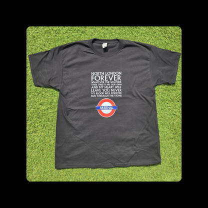 Arsenal North London Forever White Lyrics Tube Sign Short Sleeved 100% Cotton Black T-Shirt