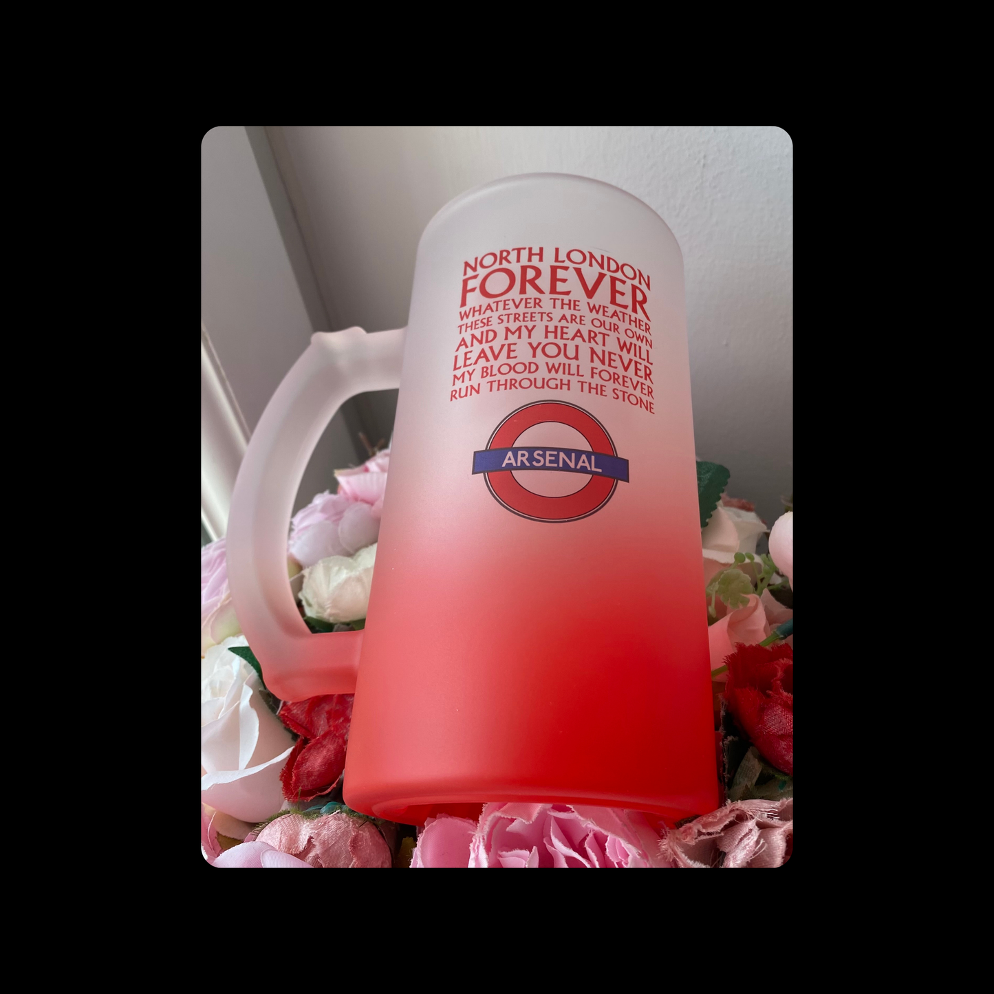 Arsenal North London Forever Lyrics Tube Sign 16oz (474ml) Red & White Frosted Stein