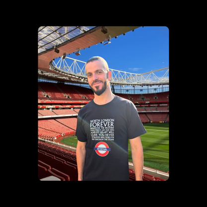 Arsenal North London Forever White Lyrics Tube Sign Short Sleeved 100% Cotton Black T-Shirt
