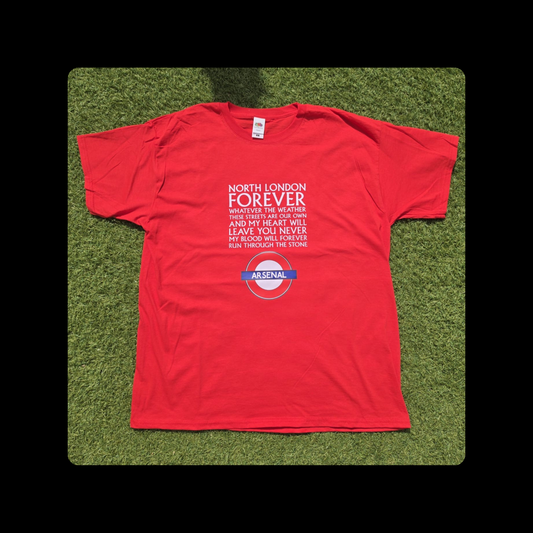 North London Forever White Lyrics Tube Sign Short Sleeved 100% Cotton Red T-Shirt