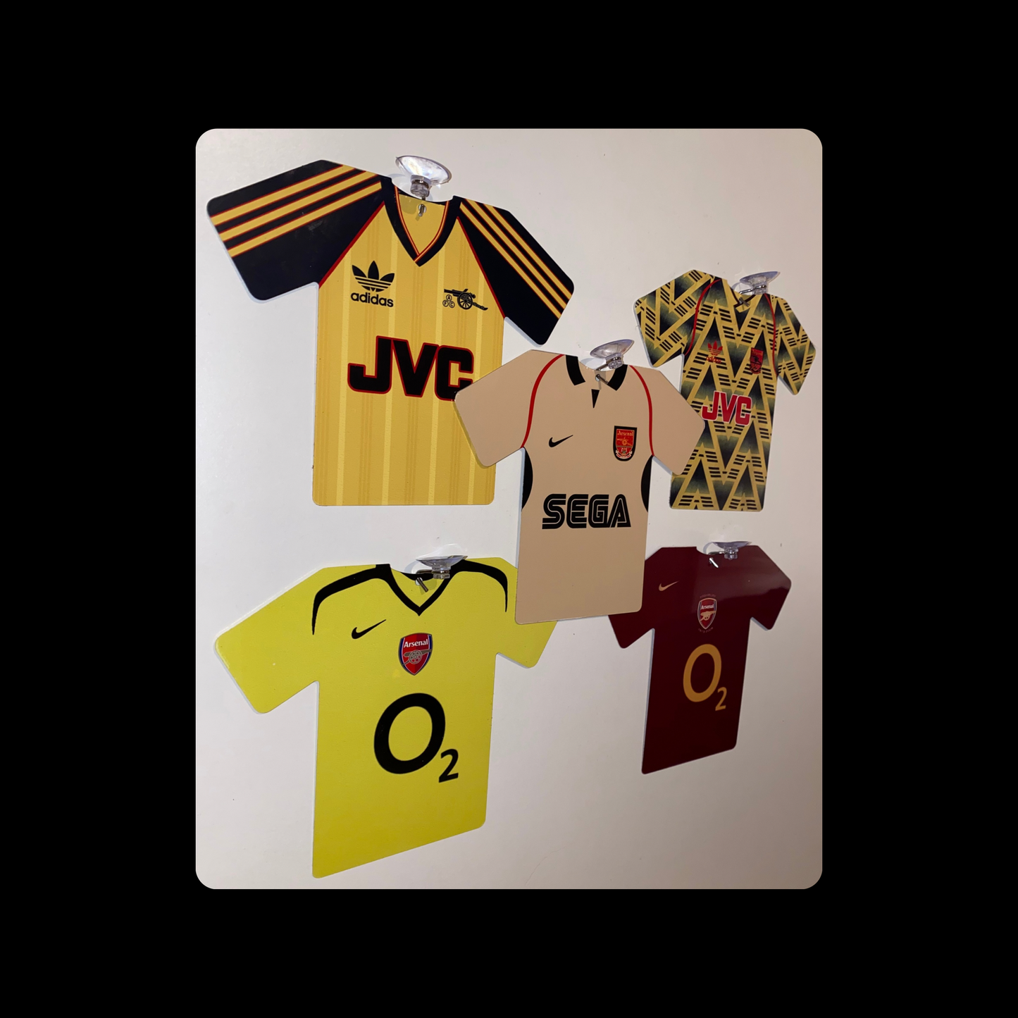 Arsenal Retro Shirts Double Sided (Set Of 5) Window Signs 12cm x 15cm (Includes Suction Hooks)