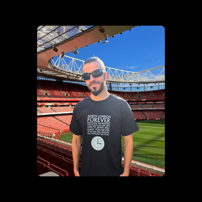 Arsenal North London Forever White Lyrics Clock End Clock Short Sleeved 100% Cotton Black T-Shirt
