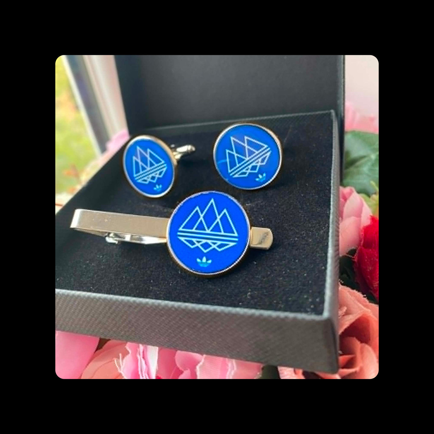 Adidas Spezial Blue & White Chrome Tie Pin & Cufflinks