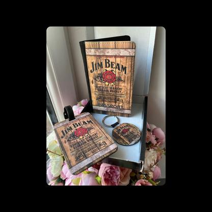 Jim Beam Bourbon Whiskey Barrel PU Material Passport Holder, Luggage Tag & Keyring