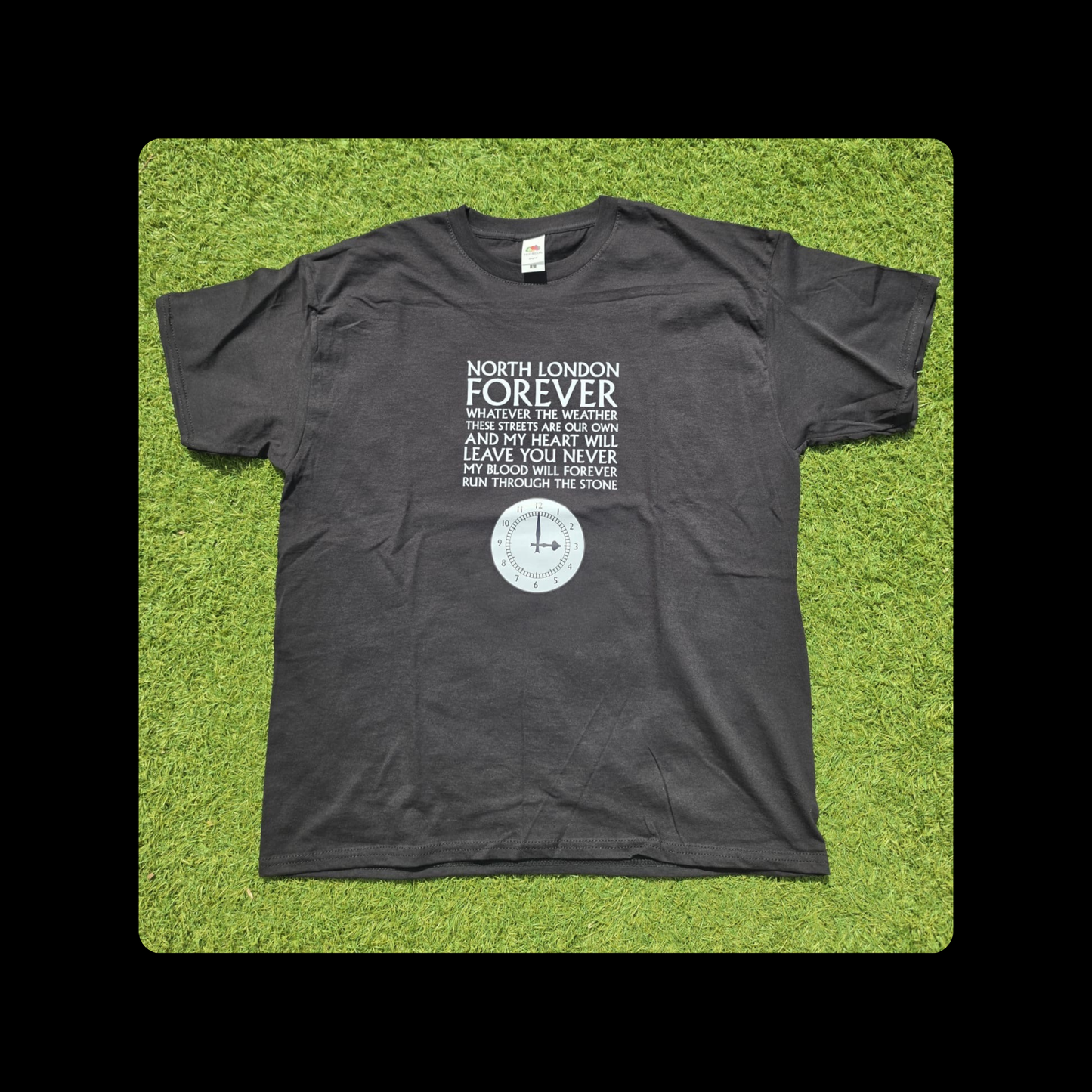 Arsenal North London Forever White Lyrics Clock End Clock Short Sleeved 100% Cotton Black T-Shirt