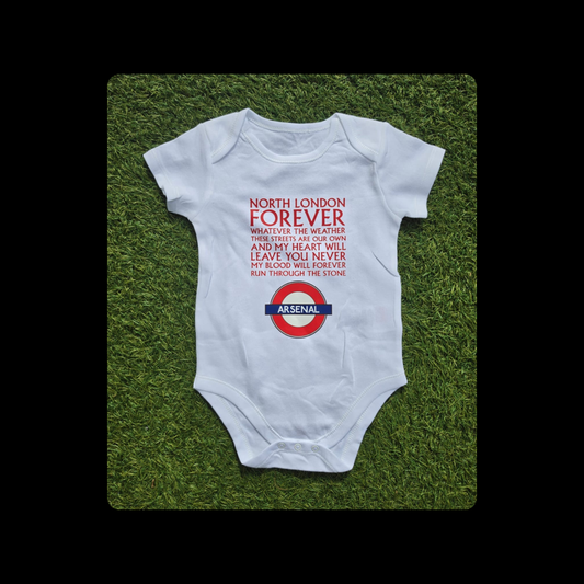 North London Forever Red Lyrics Tube Sign Short Sleeved 100% Cotton White Baby Bodysuit