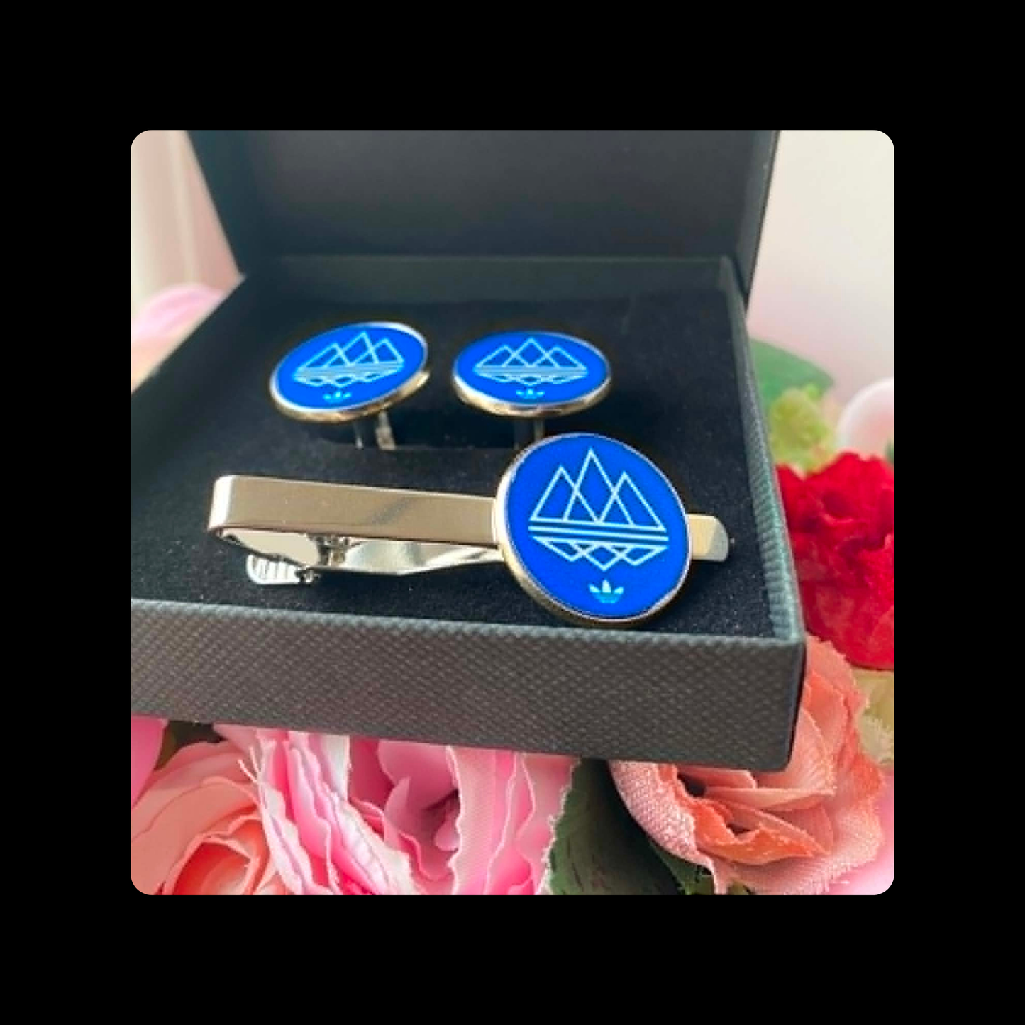 Adidas Spezial Blue & White Chrome Tie Pin & Cufflinks