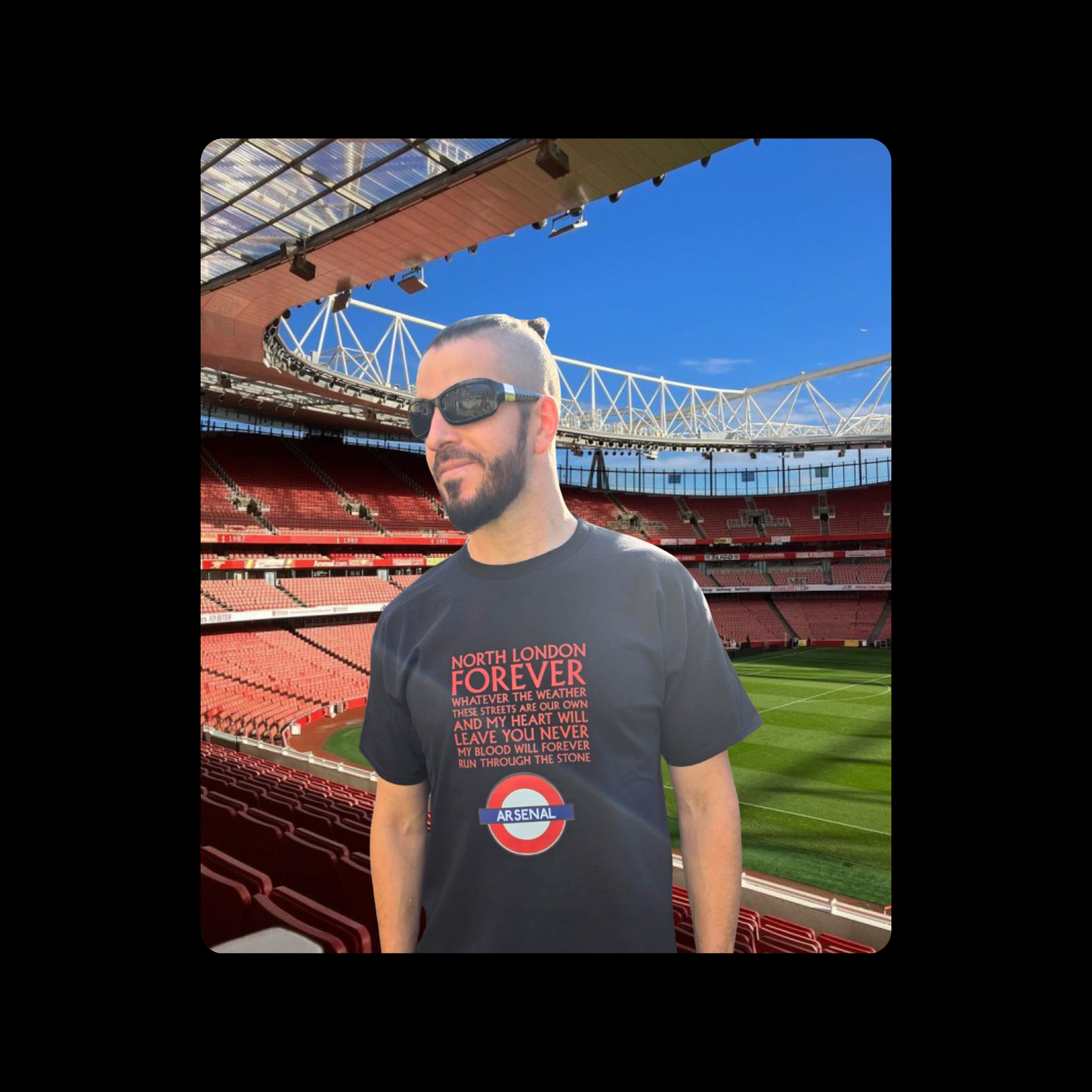 Arsenal North London Forever Red Lyrics Tube Sign Short Sleeved 100% Cotton Black T-Shirt