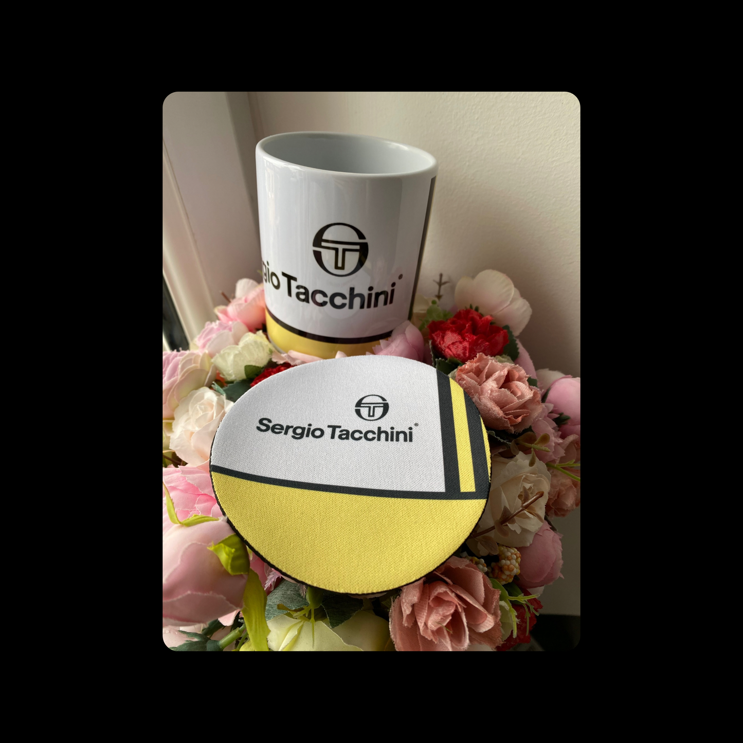Sergio Tacchini Yellow & White 11oz (330ml) Ceramic Mug & Coaster