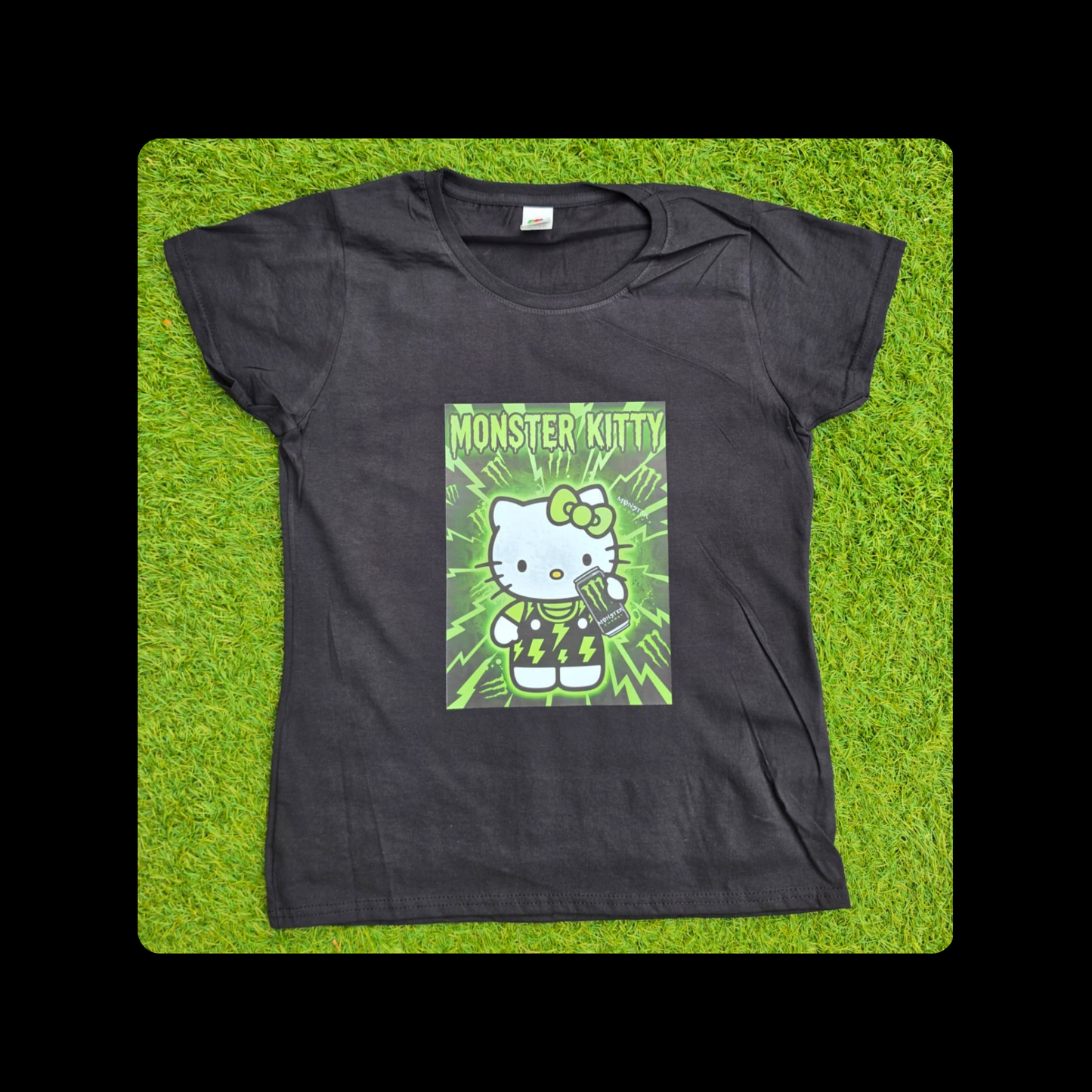 Hello Kitty Monster Energy Drink Short Sleeved 100% Cotton Black T-Shirt