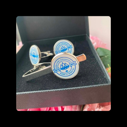 Adidas Keep It Spezial White & Blue Chrome Tie Pin & Cufflinks