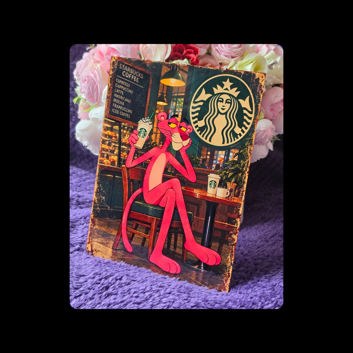 Pink Panther Starbucks Metal Bar Sign 15cm x 20cm